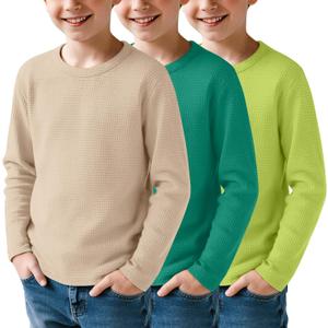 3 Pack Boys Waffle Long Sleeve T-Shirts 5-14 Years Kids Thermal Crew Neck Tops Youth Fall Warm Shirts Basic Tees (7-8 Years, Khaki, Blue Green, Fluorescent Green)