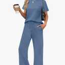 WIHOLL 2 Piece Sets for Women Casual Summer Travel Vacation Outfits Short Sleeve Wide Leg Crop Pants Lounge Sets, Size: XL