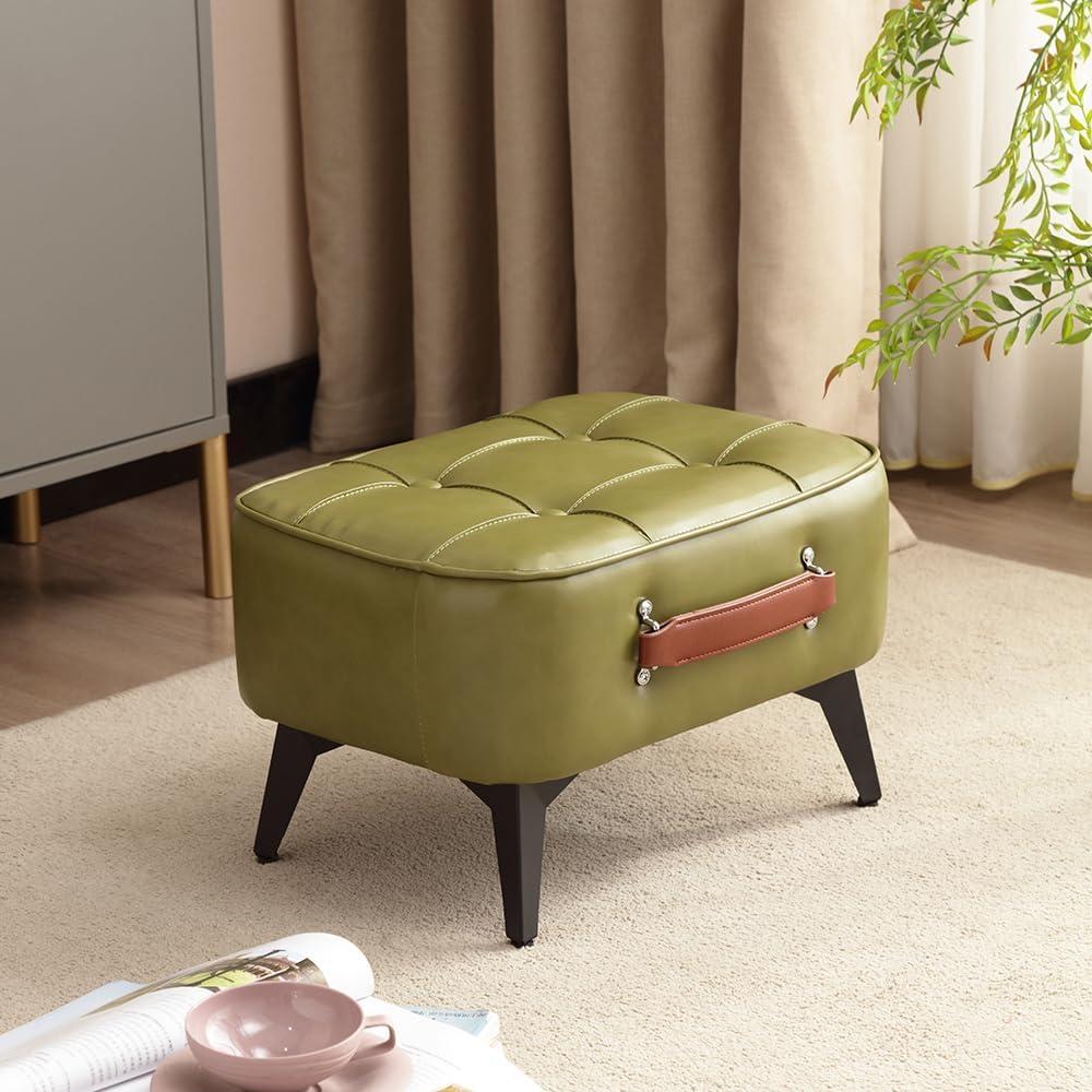 1pc Vintage Style Faux Leather Ottoman Footstool  Wooden Frame, Upholstered Interior, MultiUse Footrest for Living Room, Entryway, Office (Azure Green)