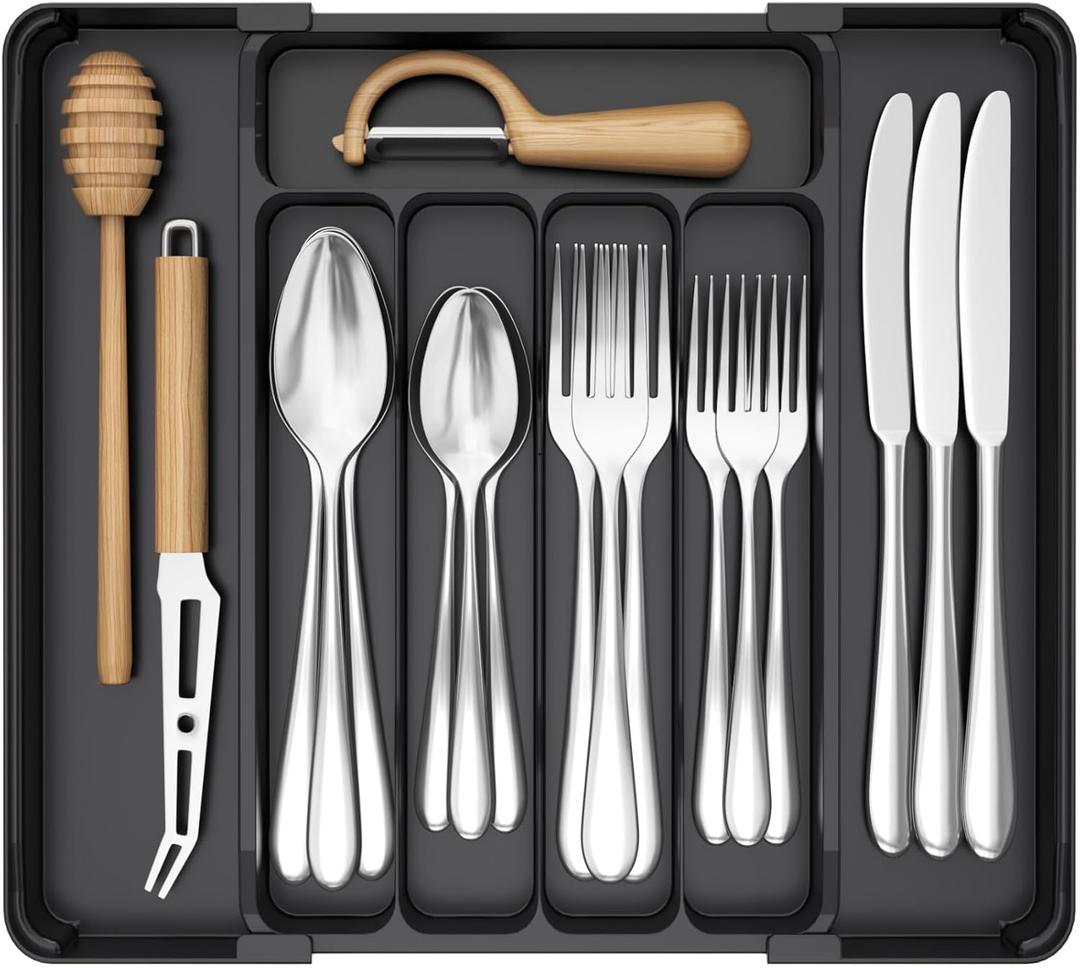 Lifewit Silverware Organizer for Drawer, Expandable Utensil Tray, BPA-Free Adjustable Cutlery Holder for Kitchen Storage, 8.1-13.9 x 11.3(M), Black