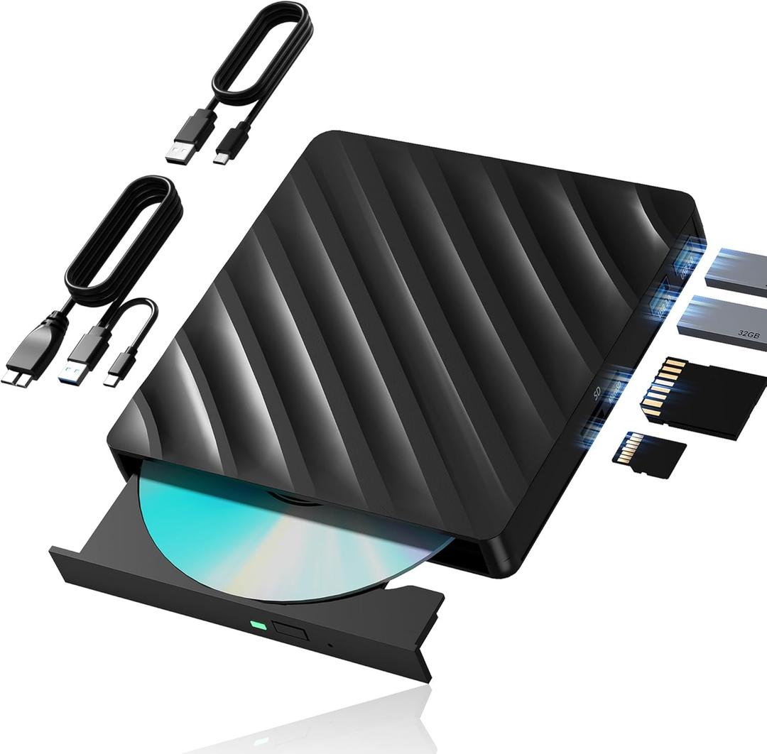 5 in 1 External Blu Ray Drive with Extension Data Cable, Portable Blu Ray Player with USB 3.0 Type-C , CD DVD Burner 3D Blu Ray with SD/TF Port, Blu Ray Drive Compatible with Windows Laptop Desktop