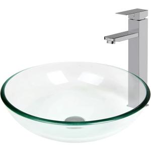 Bathroom Vessel Sink, Tempered Glass Vanity Round Bowl with Chrome Faucet and Pop up drain Set, Clear