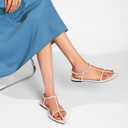 VorisVina Black Flat Sandals for Women Adjustable Metallic Buckle Ankle Strap Slide Sandals Comfortable Pointed Open Toe Slip on Sandal, 9 (Beige)