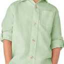 Haloumoning Boys Linen Button Down Dress Shirt Kids Long Sleeve Shirts Tops with Chest Pocket 5-14 Years (Light Green)