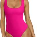 REORIA Bodysuit for Women Scoop Neck Sleeveless Tank Top Bodysuits 2025 Sexy Thong Bodysuit Basic Leotards for Women (Small, Neon Rose Red)