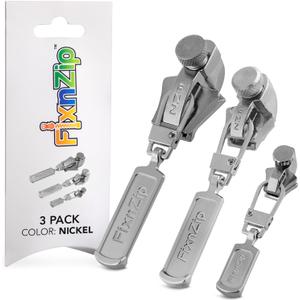 FixNZip Small, Medium, and Large Nickel Zipper Repair Kit Bundle | Universal No-Sew Slider Replacement Kit for Clothes, Jackets, and More | Instant and Reusable Zipper Repair Tool | Sizes 1-10