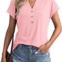 Womens V Neck Cap Sleeve Tops Summer Casual Short Sleeve Shirts Loose Fit Basic Work Tee Trendy Clothes 2025 (X-Large, Pink)