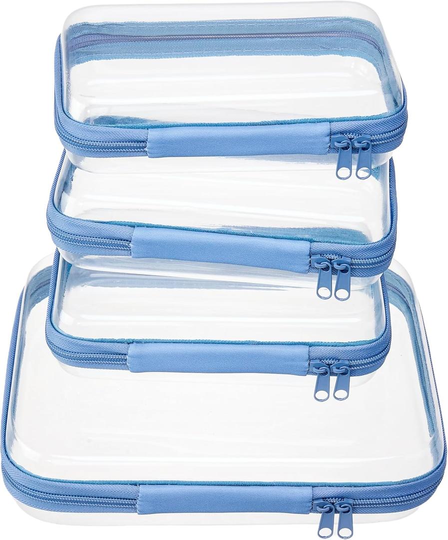 4 pcs Clear Zipper Pouches,Hard Shell Zipper Case, Toiletry Bag for Travel, CLear Diaper Bag, Toiletry Pouch, Travel Organizer, Cosmetic Bag,Toy Storage Bins (M+3S) (Blue)