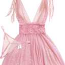 Lilosy Sexy Polka Dots Mesh Sheer Lace Babydoll Chemise Lingerie Set Floral Sleep Wear (Large, Pink)