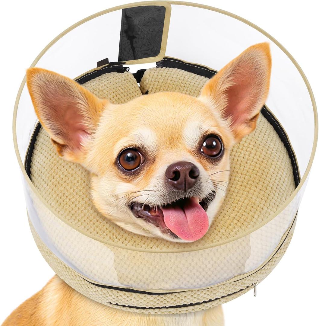 Soft Inflatable Dog Cone for Surgery Recovery, Protective Dog Donut Collar with Shield to Stop Licking Wounds, 2-in-1 Patented Comfort Blow-Up Collar for Small Pets, Chihuahua (Khaki, S) (S (Neck: 5"-8"))