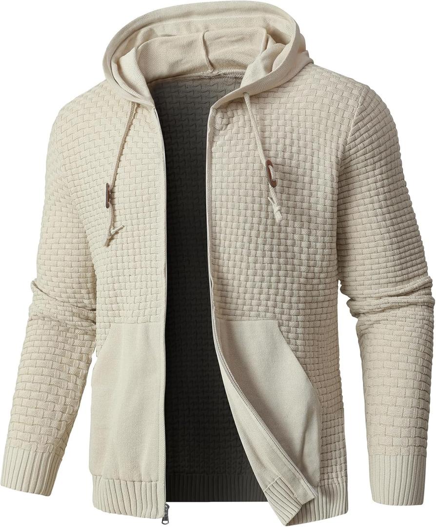 Zaitun Men's Full Zip Up Hooded Cardigan Sweater with Pockets (Medium, Khaki)