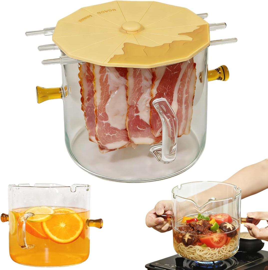 Glass Bacon Cooker, Microwave Bacon Tray with Cover for Oven, Heat-Resistant Borosilicate Glass Cooking Pot for Stove, Grease Easy Clean (Yellow)