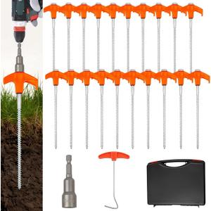 20 Pack 8" Screw in Tent Stakes Heavy Duty, Glow in The Dark Metal Stakes with Hex Head Driver, Ground Anchors for Camping, Patio, Awning, Canopy, and Windy Conditions