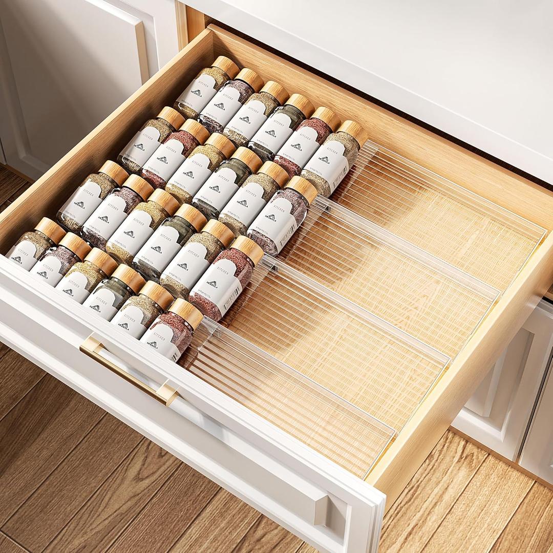 MUDEELA Clear Spice Drawer Organizer, 4 Tier 2 Set (8 Packs) Spice Rack for Drawer, Expandable From 11" to 22" Kitchen Seasoning Organizers and Storage for Drawer (Jars not included)
