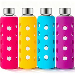 Mrsdry Glass Juice Bottles with Lids and Silicone Sleeves 18 oz, 4-Pack Reusable Clear Glass Water Bottles with Stainless Steel Airtight Cap for Juicing, Refrigerator, BPA Free Leak-Proof Drinking Jar