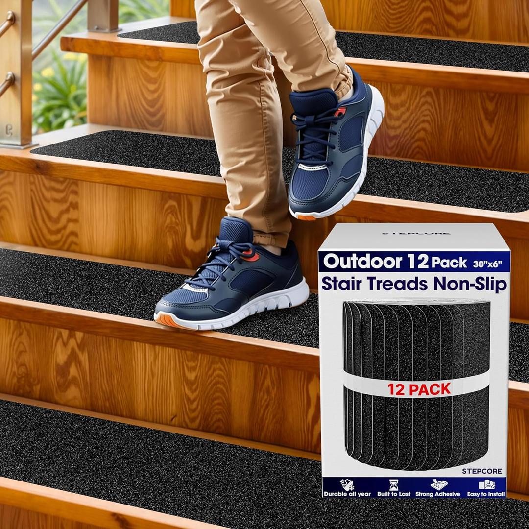 Outdoor Stair Treads Non Slip 30" x 6" 12-Pack Waterproof 80-Grit Grip Strips for Wooden Steps Anti Slip & Anti Skid Step Treads by STEPCORE