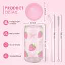 SANDJEST Strawberry 16 Oz Can Glass Tumbler with Acrylic Lid and Straw - Iced Coffee Cups for Women, Aesthetic Glass Cup Gift for Birthday Christmas