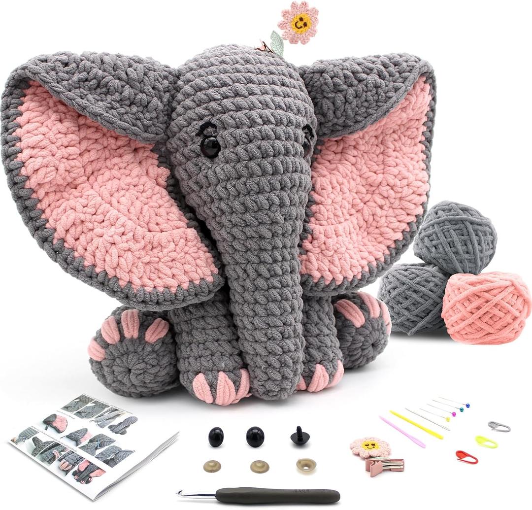 CODGP Crochet Kit,13in Crochet Animal Kit Elephant,Crochet Starter Kit Gift for Adults Kids with Yarn Sets,Amigurumi Crochet Kits with Step-by-Step Video Tutorials (Elephant)