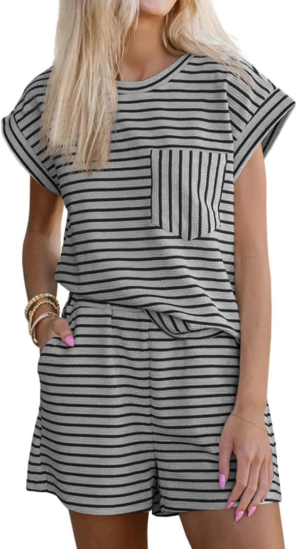 Tankaneo Womens 2 Piece Short Sets Striped Summer Outfits Cap Sleeve Tops and Elastic Waist Lounge Matching Set (Small, Grey)
