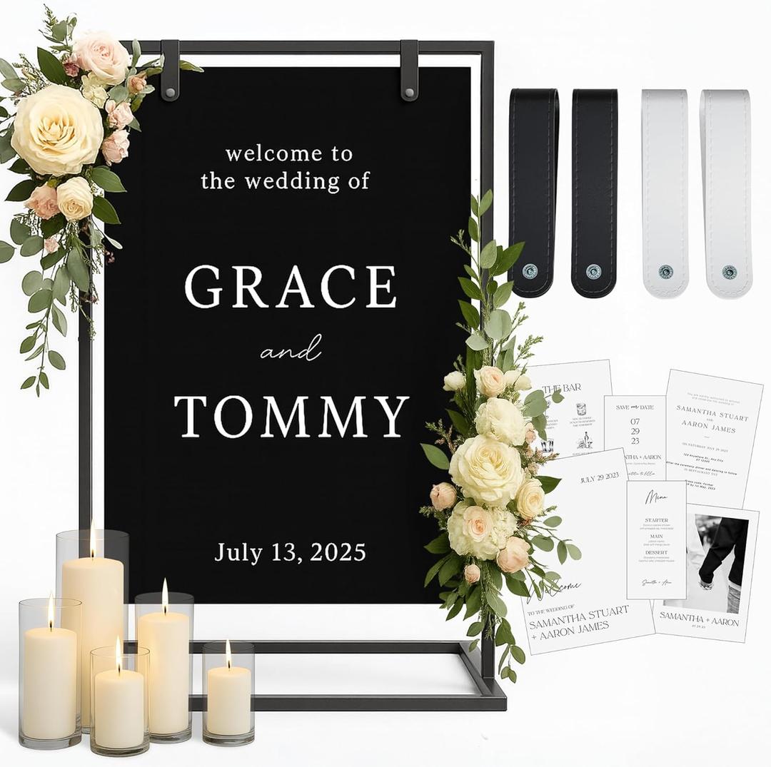 Black Wedding Easel Stand for Sign Board, 50x30x20 Welcome To Our Wedding Sign Display Stand w/ Design Bundle & Leather Straps for Hanging, Matte Steel Frame, Heavy Duty Easel Stand Welcome Sign Wedding Decoration