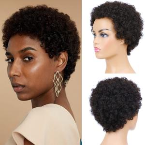 Afro Kinky Curly Human Hair Short Wigs for Women, Full and Fluffy Machine Made Wig Human Hair Pixie Cut Natural Looking Glueless Hair Replacement Wig Black Color (Afro)