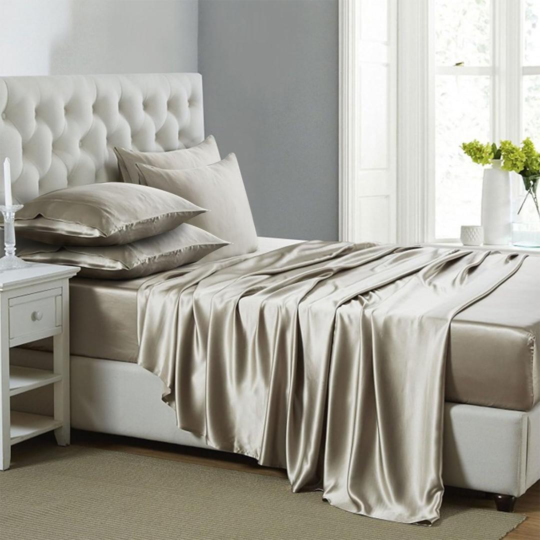 Lanest Housing Silk Satin Sheets, 6-Pieces King Size Satin Bed Sheet Set with Deep Pockets, Cooling and Soft Sheets King - Taupe