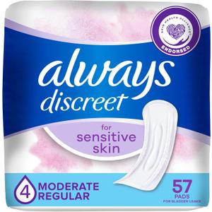 Always Discreet Incontinence Pads for Women with Bladder Leaks, Sensitive Skin Pads Moderate Absorbency, Regular Length, 57 Count (Regular (Size 4))