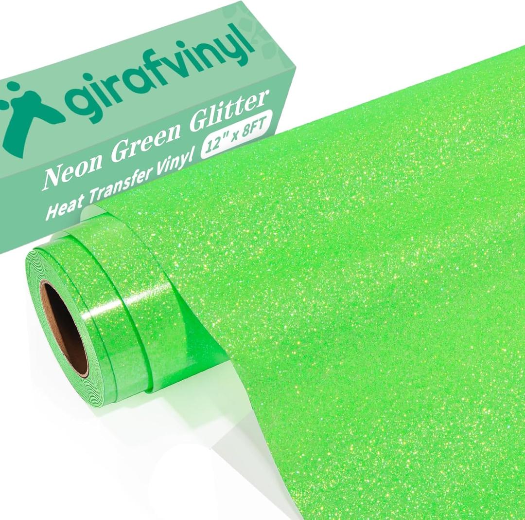 GIRAFVINYL Neon Green Glitter HTV Vinyl, Lime Green Glitter Iron on Vinyl Heat Transfer for DIY T-Shirt, Fabric Appearance, 12" x 8ft Easy to Weed