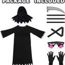 Grim Reaper Halloween Costume with Glowing Red Eyes for Kids, Scythe Included (Black)