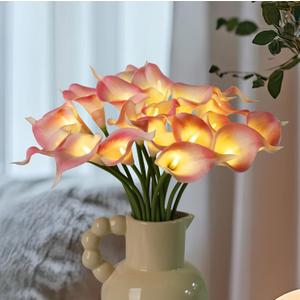 20pcs Lighted Artificial Calla Lily Bouquet Light Faux Floarl Night Light Real Touch Flower Lamp LED Calla Lily lighted Artificial Flower for Holiday Gifts Home Kitchen Decor(Light Pink, No Vase)