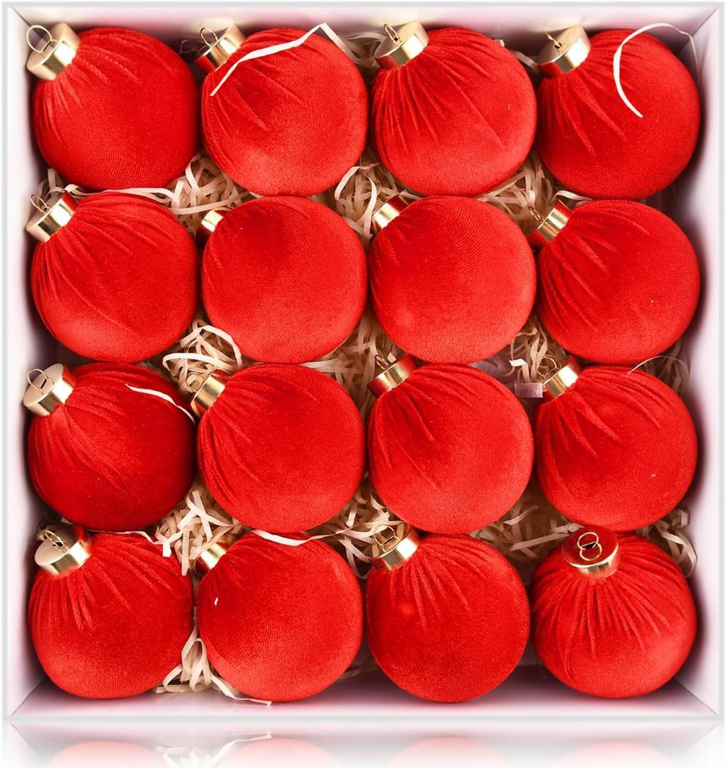 Velvet Ornaments for Christmas Tree Decorations - Red Christmas Ball Ornament for Indoor Holiday Decor - Shatterproof Xmas Bulbs Ornaments 80mm 3.15inch - Pack of 16