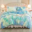 EMME Luxury Blue Fuzzy Duvet Cover Set King Size 3 Pieces Fluffy Comforter Cover Set for King Bed Shaggy and Plush Soft Bedding Duvet Covers (Tie Dye Blue, King)