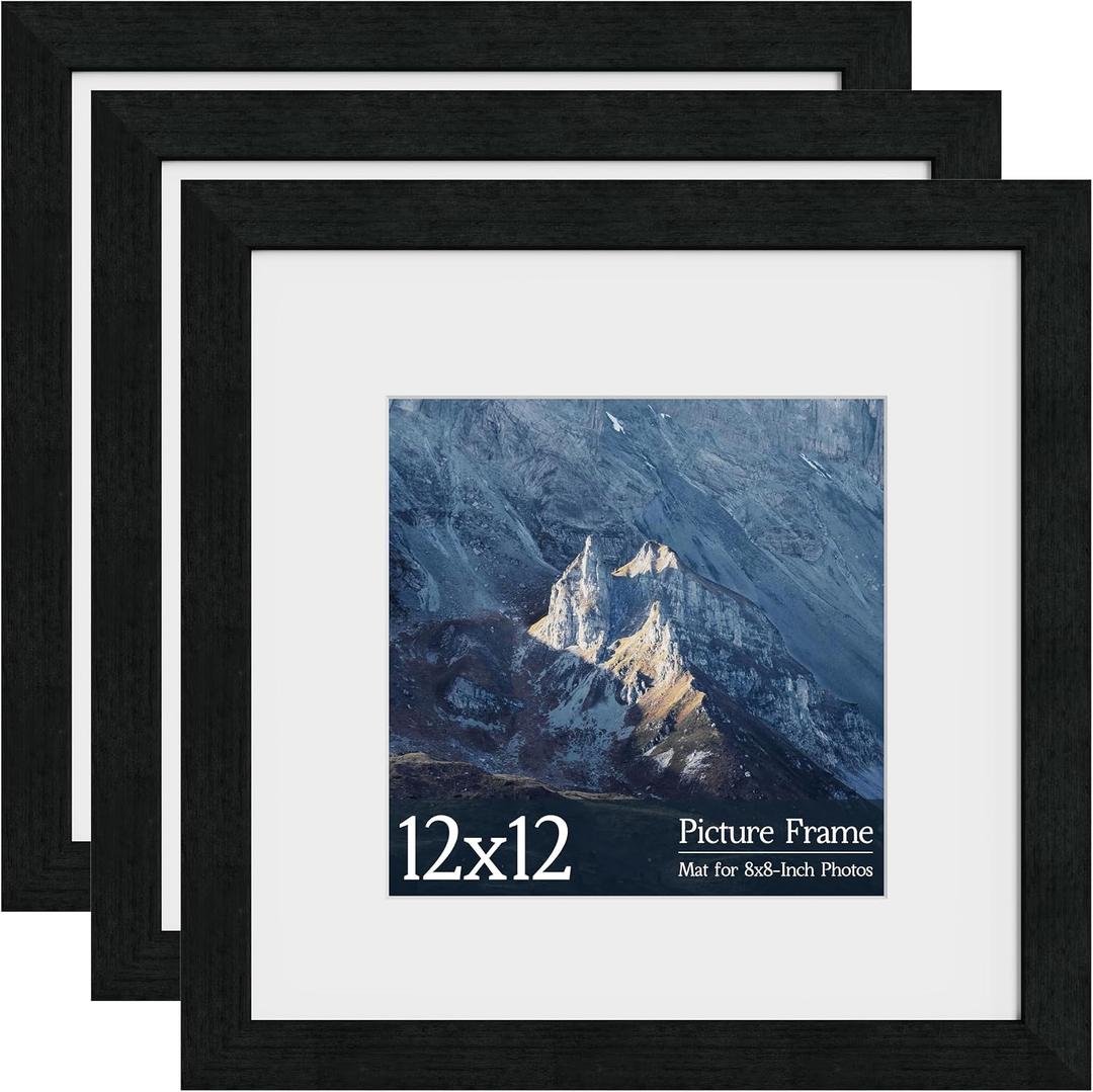 12x12 Square Picture Frame 3 Pack, Solid Real Wood Grain, 12x12 Without Mat, Wall Gallery Poster Frames, Black