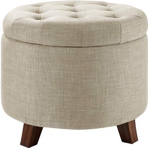 Amazon Basics Round Storage Ottoman Foot Rest, Button Tufted Upholstered Footstool with Storage, Sturdy Linen Fabric for Living Room and Bedroom, 20" x 17", Beige
