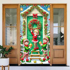 BlissYard Christmas Door Decorations 71x35 inch Elf Door Cover Banner Holiday Backdrop with Wreath Snow Trees and Ornaments for Front Porch Christmas Party Winter Entryway Photo Prop Decor