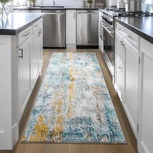 Runner Rug for Kitchen Hallways Runner Rug Non Slip 2'6''x8' Washable Blue Long Runner Rugs with Rubber Backing Soft Abstract Carpet Runner for Entryway, Kitchen, Bedroom, Bathroom