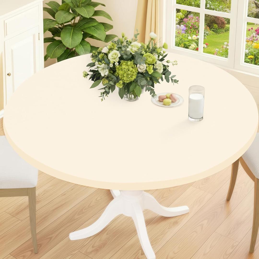 Smiry Round Spandex Tablecloth, Elastic Fitted Washable Tablecloths for 36"-44" Tables, Waterpoof Stretch Picnic Table Cover for Dining, Indoor and Outdoor, Beige