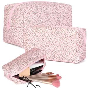 Aintmax 3 PCS Quilted Makeup Bag,Cute Floral Cotton Coquette Cosmetic Bag,Large Travel Toiletry Bag Makeup Brushes Storage Organizer for Women - Pink Floral, Pack of 3 Aintmax 3 PCS Quilted Makeup Bag,Cute Floral Cotton Coquette Cosmetic Bag,Large Travel Toiletry Bag Makeup Brushes Storage Organizer for Women - Pink Floral, Pack of 3