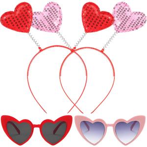 4Pack Valentines Headbands for Women - Valentines Day Heart Headband and Heart Shaped Glasses - Sequin Valentines Headband for Valentines Day Decorations for Party - Holiday Costume Party