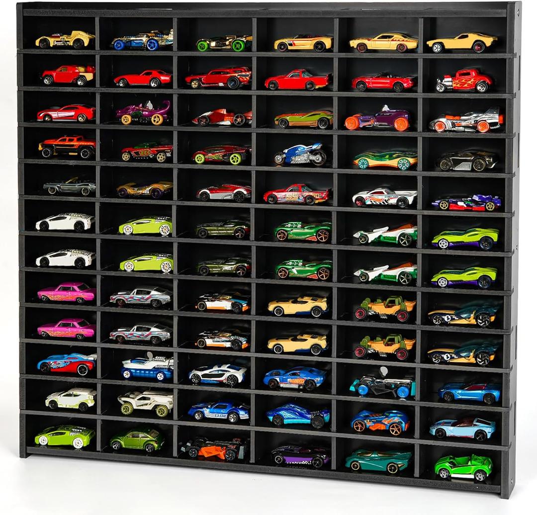 Toy Car Storage Display Case, 72 Slots Model Car Display Shelf for 1/64 Scale Toy Cars, Wall Mount Organizer Rack for Diecast Models (Black)