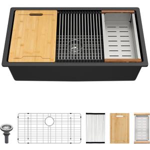 Lordear 33 Black Kitchen Sink Granite Composite Undermount Sink 33x19 Inch Quartz Composite Black Deep Single Bowl Workstation Undermount Kitchen Sinks