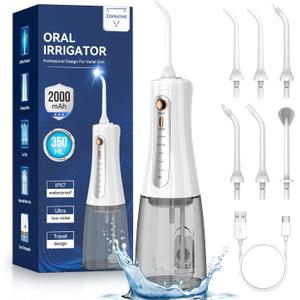 350ML Cordless Water Flosser, Water Dental Flosser Picks for Teeth Cleaning and Flossing with 6 Jet Tips & 5 Pressure Modes, 2000 mAh Rechargeable Powerful Oral Irrigator for Home Travel (White)