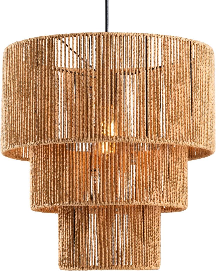 3-Tiered Large Farmhouse Chandelier Lighting, Natural Paper Rope Hanging Pendant Lights, Hand-Woven Ceiling Light Fixture Chandeliers for Kitchen Dining Room Bedroom Hallway Entryway