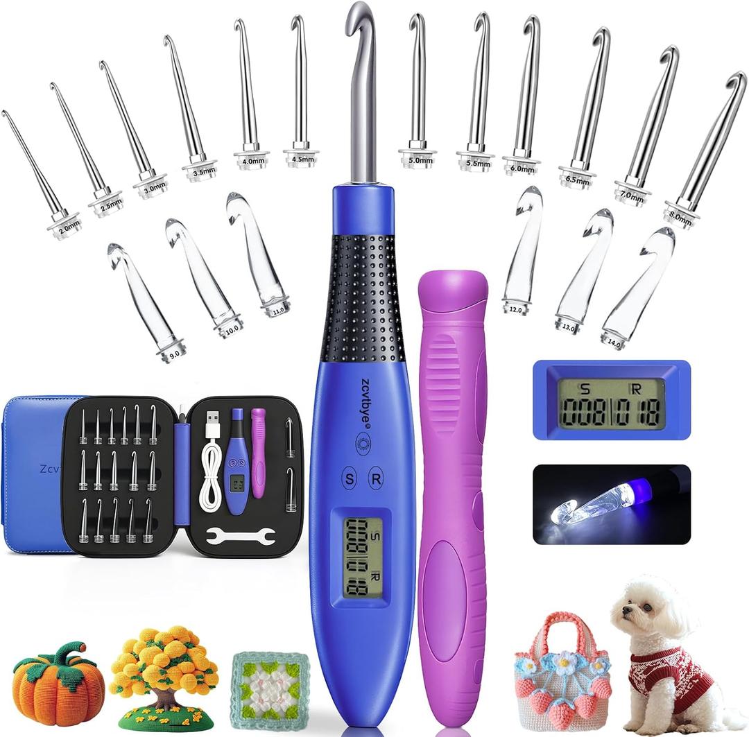 Counting Crochet Hook Set Digital, Light Up Crochet Hooks Set - Ergonomic for Arthritic Hands, Digital Stitch & Row Counter - 18 Size Interchangeable Crochet Kit - Cool Gift (Blue, 18 Size)