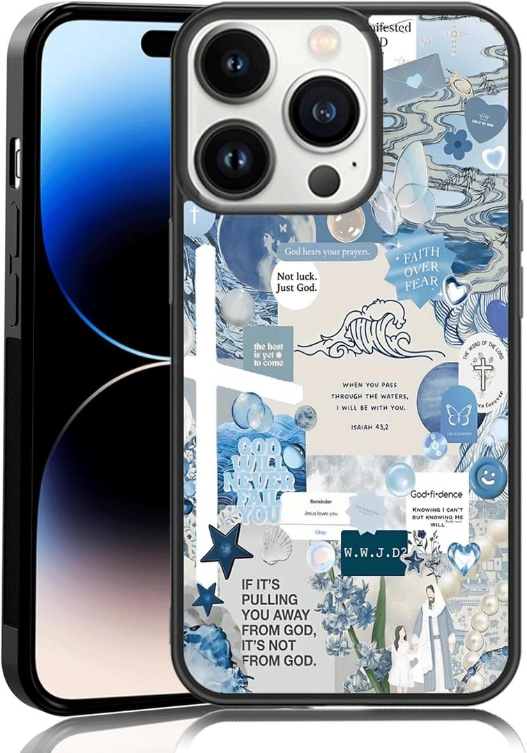 Classic Religious Sayings Christian Phone Case Fit for iPhone 14 Pro  TPU Blue Aesthetic Cross God Jesus Phone Cover Gift for Boy Girl Men Women