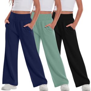 3 Pack Girls Flowy Wide Leg Pants Summer Lightweight Pants High Elastic Waist Loose Uniform Trousers for 13-14y Kids (Black, Gray Green, Navy Blue)