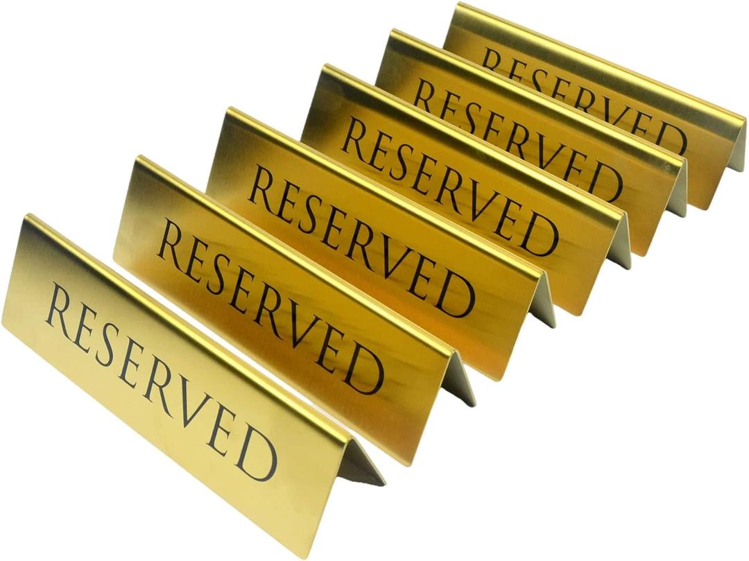 Golden Metal Table Top Reserved Sign for Restaurants, Wedding, Ceremony and Events, Double Sided Tent, 6x1.75 inches (Pack of 6)