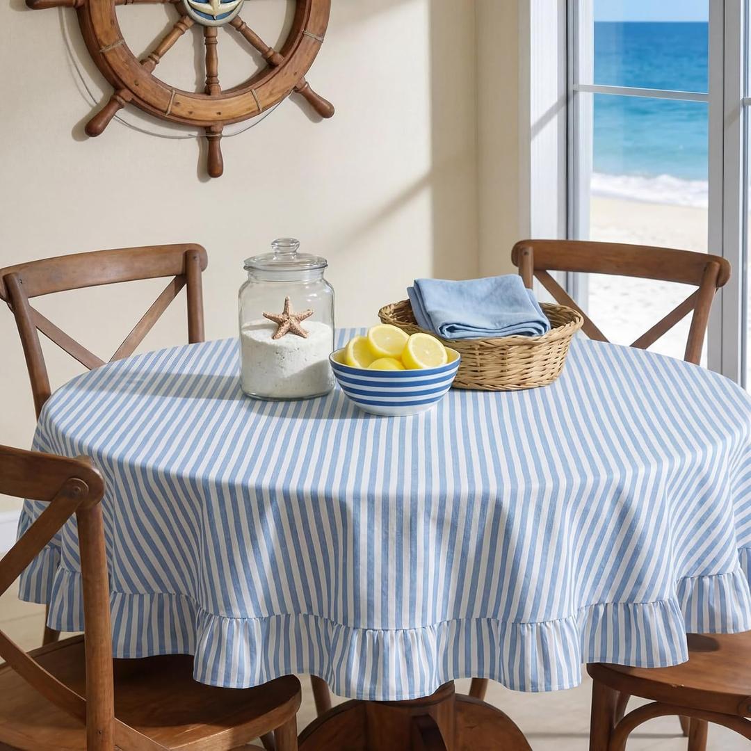 Frienda 60 Inch Blue Stripe Ruffle Table Cloth Farmhouse Round Cotton Linen Scalloped Table Cloth Coastal Blue White Striped Stonewashed Tablecloth for Round Tables Kitchen Restaurant Wedding Party