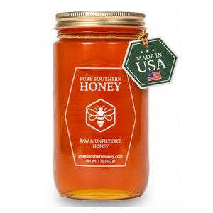 100% Authentic, USA - Made Raw Unfiltered Honey, Made by Pure Southern Honey [ 1 lb] - Unheated - Non - GMO, No Additives, All - Natural Sweetener- Environmental-Friendly Glass Jar