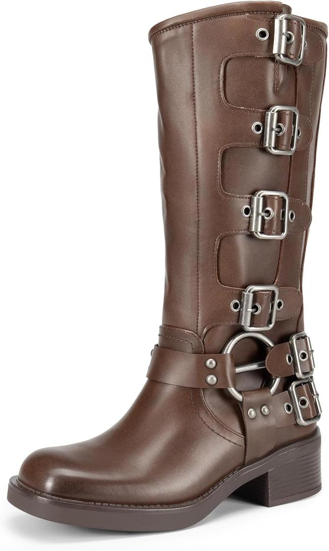 DREAM PAIRS Women's Knee High Riding Boots Slip On Motorcycle Boots Square Toe Chunky Heel Fashion Buckles Biker Boots (7, Tan)